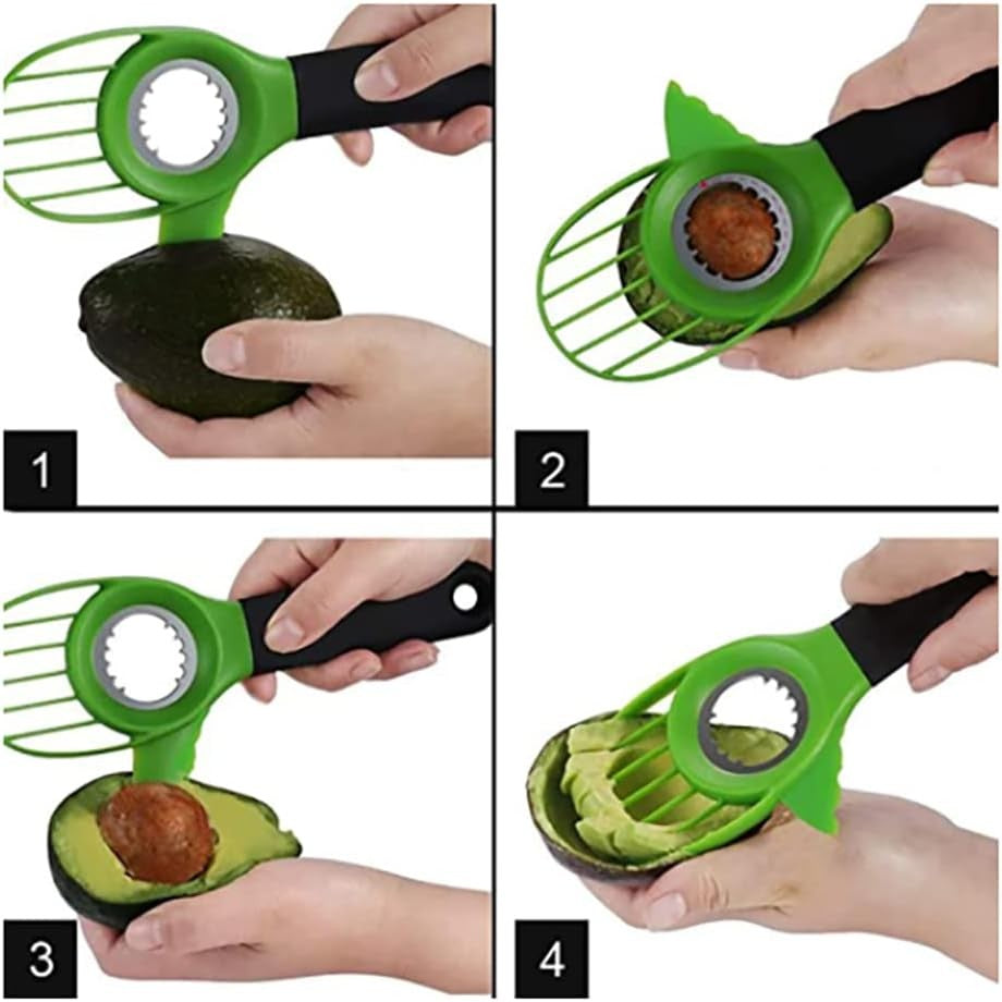 Cuțit 3în1 pentru Avocado, Dispozitiv Multifuncțional pentru Tăiere, Scoatere Sâmbure și Feliere, Design Ergonomic, PP și Oțel Inoxidabil, 22 cm, Negru/Verde