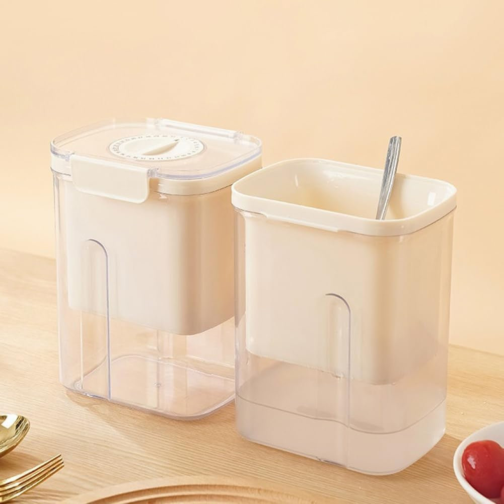 Kit Presă Pentru Brânză și Iaurt Grecesc, Filtru de Zer cu Arc din Oțel Inoxidabil, Pânză Fină 225 Mesh, Plastic Fără BPA, 18x9.7x13 cm, Include Lingură 20 cm, Alb