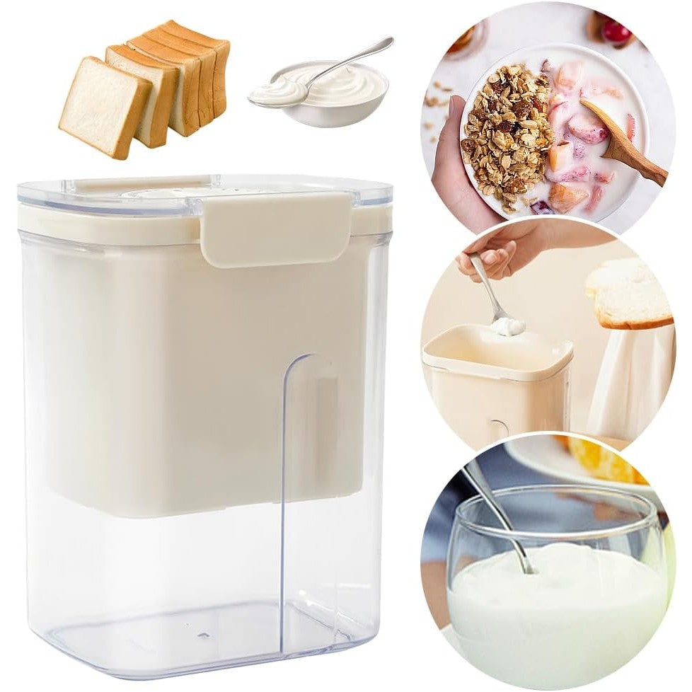 Kit Presă Pentru Brânză și Iaurt Grecesc, Filtru de Zer cu Arc din Oțel Inoxidabil, Pânză Fină 225 Mesh, Plastic Fără BPA, 18x9.7x13 cm, Include Lingură 20 cm, Alb