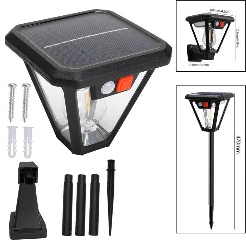 Lampa Solara LED Tip Felinar, Senzor de Miscare, Montare Perete sau Sol, 3 Moduri Iluminare, Lumina Calda 3000K, Protectie IP44, ABS si PP, 10.8 x 46 cm, Negru