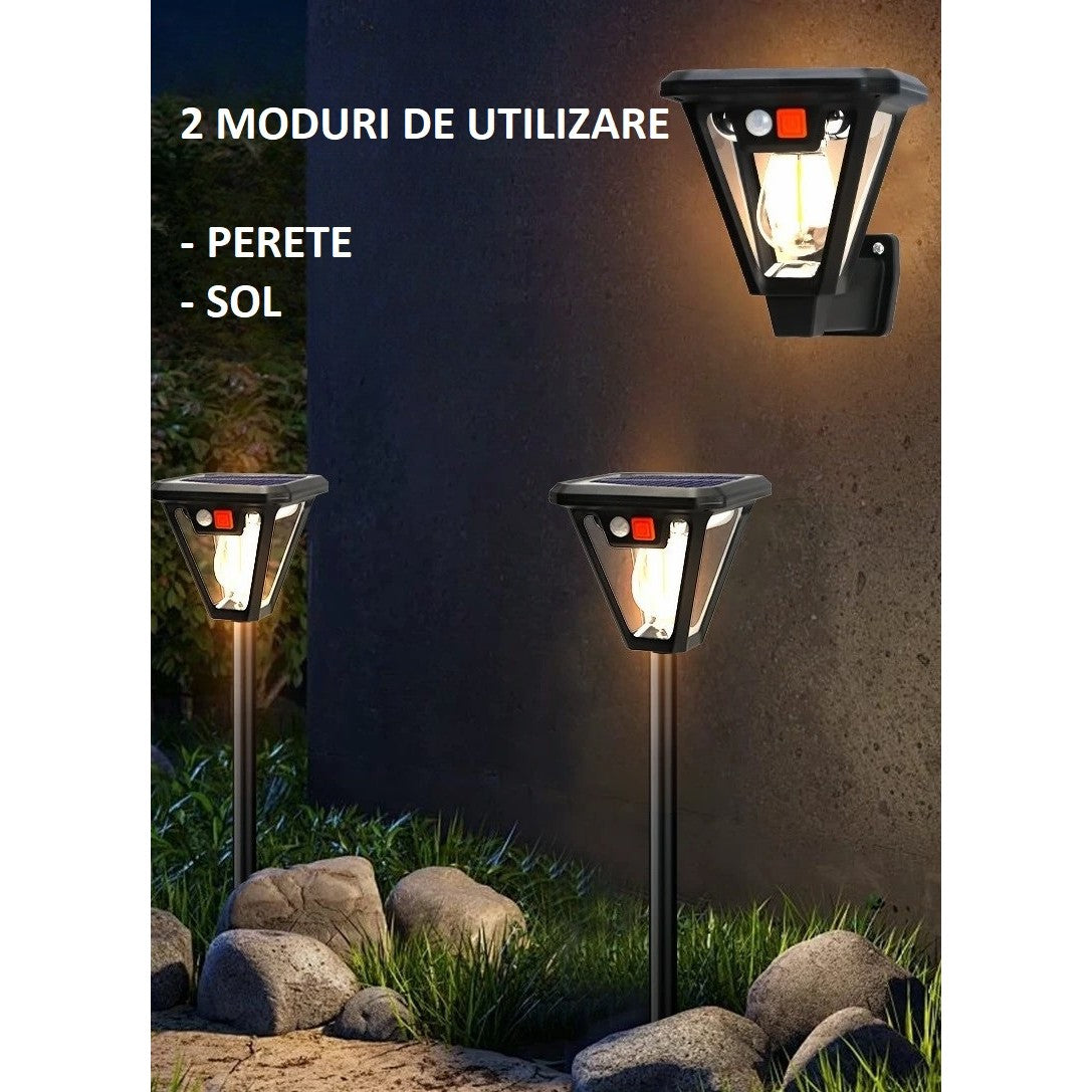 Lampa Solara LED Tip Felinar, Senzor de Miscare, Montare Perete sau Sol, 3 Moduri Iluminare, Lumina Calda 3000K, Protectie IP44, ABS si PP, 10.8 x 46 cm, Negru