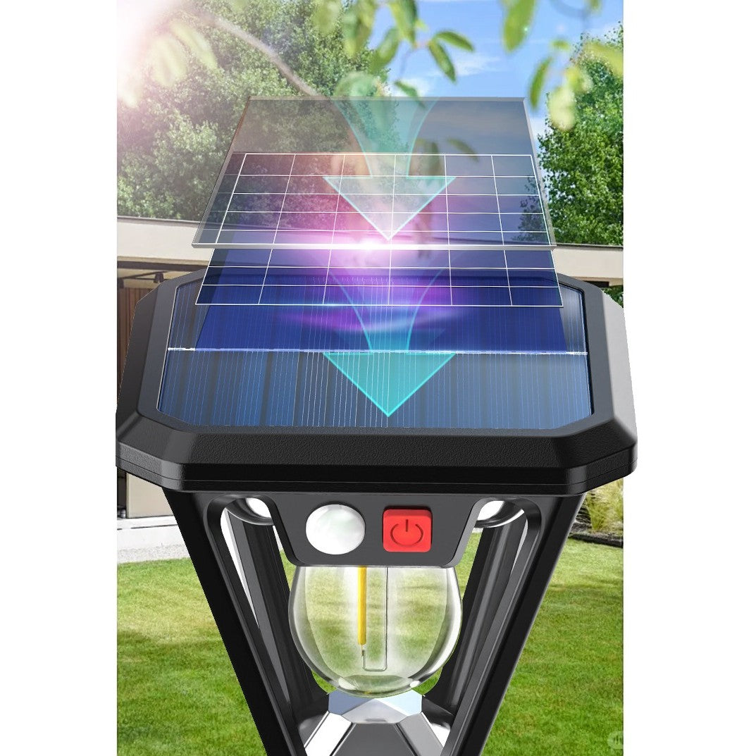 Lampa Solara LED Tip Felinar, Senzor de Miscare, Montare Perete sau Sol, 3 Moduri Iluminare, Lumina Calda 3000K, Protectie IP44, ABS si PP, 10.8 x 46 cm, Negru