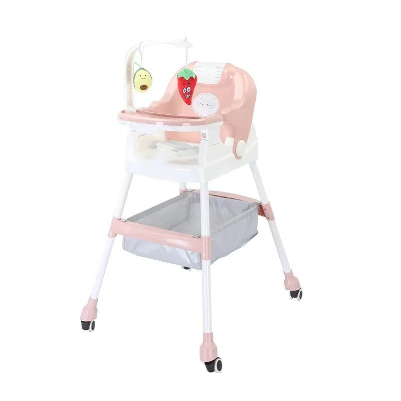Scaun de Masa pentru Copii, Multifunctional si Pliabil, cu Roti, Centura de Siguranta si Cos Depozitare, Tava Detasabila, Plastic Rezistent, 110 x 60 x 70 cm, Roz