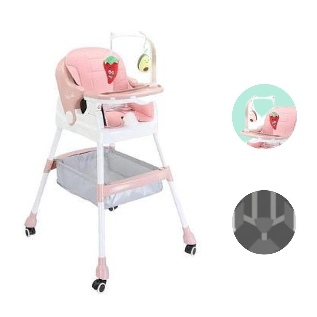 Scaun de Masa pentru Copii, Multifunctional si Pliabil, cu Roti, Centura de Siguranta si Cos Depozitare, Tava Detasabila, Plastic Rezistent, 110 x 60 x 70 cm, Roz