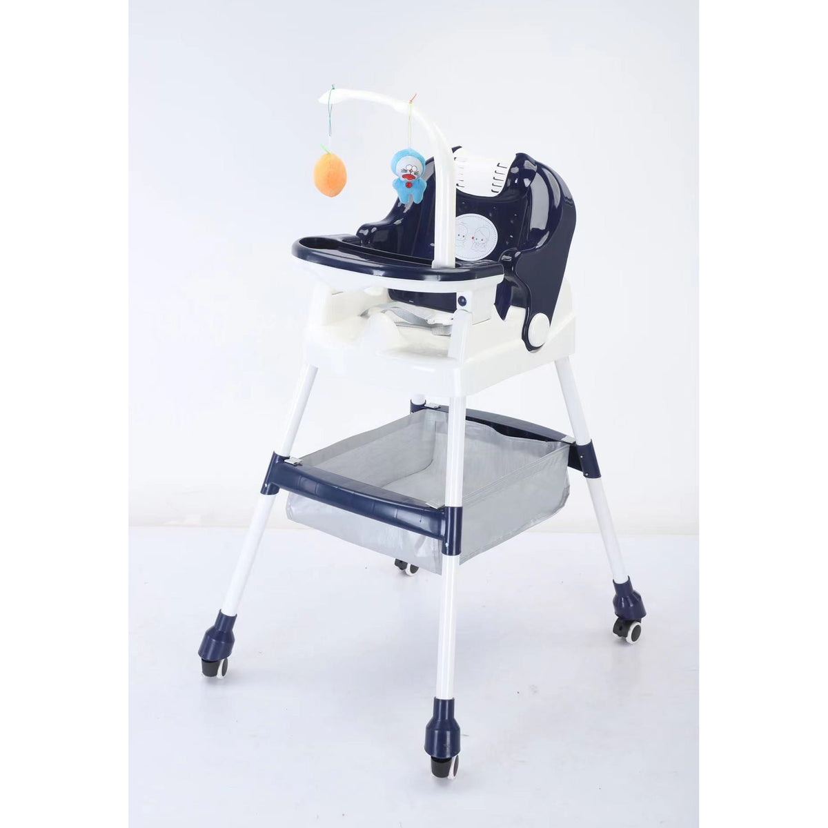 Scaun de Masa pentru Copii, Multifunctional si Pliabil, Roti cu Sistem de Blocare, Cos Depozitare si Suport Jucarii, Tava Detasabila, Centura Siguranta, Plastic, 110 x 60 x 70 cm, Albastru