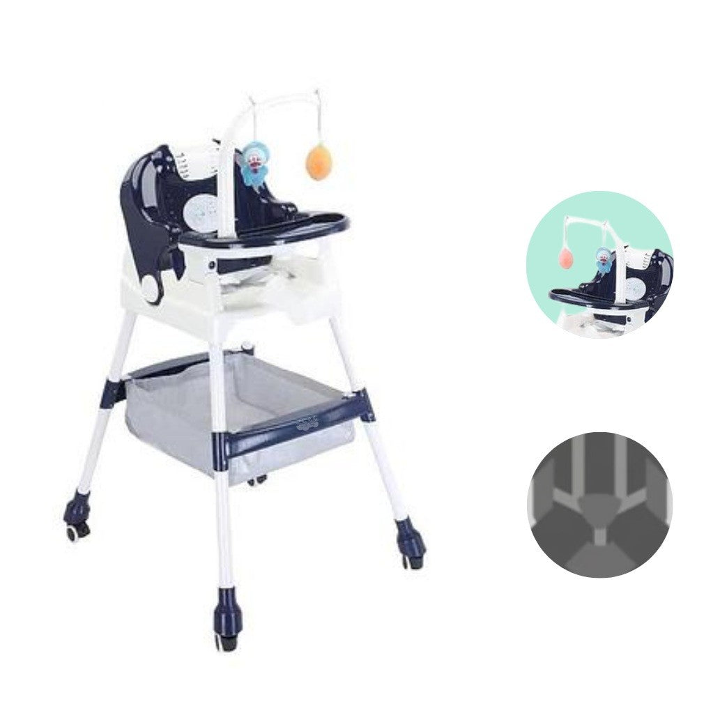 Scaun de Masa pentru Copii, Multifunctional si Pliabil, Roti cu Sistem de Blocare, Cos Depozitare si Suport Jucarii, Tava Detasabila, Centura Siguranta, Plastic, 110 x 60 x 70 cm, Albastru