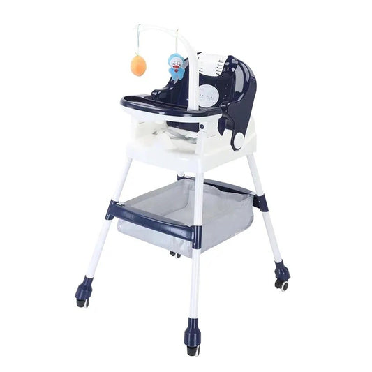 Scaun de Masa pentru Copii, Multifunctional si Pliabil, Roti cu Sistem de Blocare, Cos Depozitare si Suport Jucarii, Tava Detasabila, Centura Siguranta, Plastic, 110 x 60 x 70 cm, Albastru