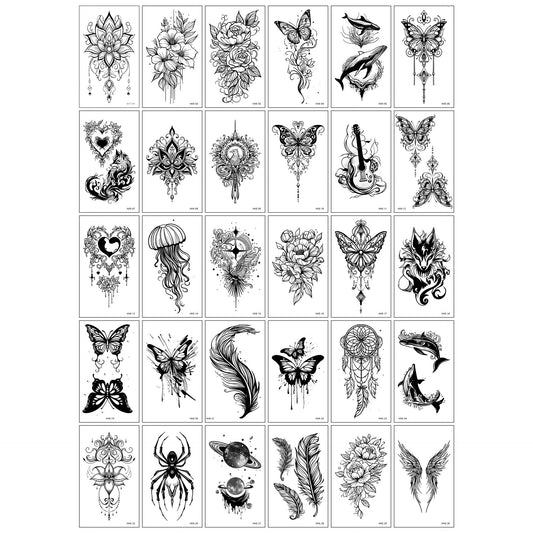 Set Tatuaje Temporare Pe Baza De Apa, Modele Minimaliste Si Artistice, Rezistente La Apa, Aspect Realist, Negru, 30 Bucati