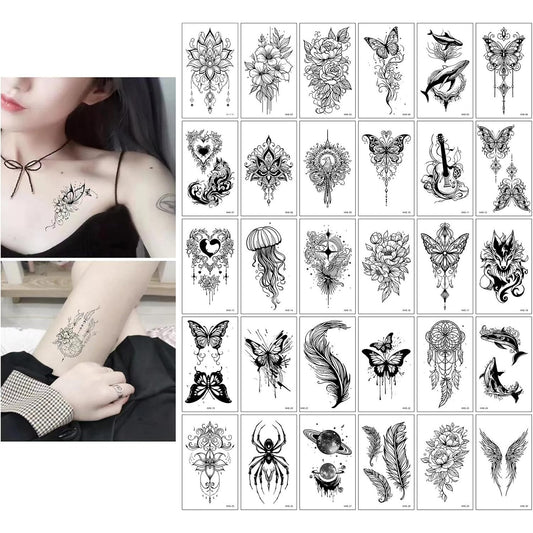 Set Tatuaje Temporare Pe Baza De Apa, Modele Minimaliste Si Artistice, Rezistente La Apa, Aspect Realist, Negru, 30 Bucati