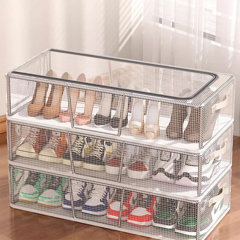 Cutie de Depozitare pentru Pantofi, Organizzator Pliabil cu Cadru din Otel, Plasa PVC Impermeabila si Transparenta, Fermoar Bidirectional, 40x30x21 cm