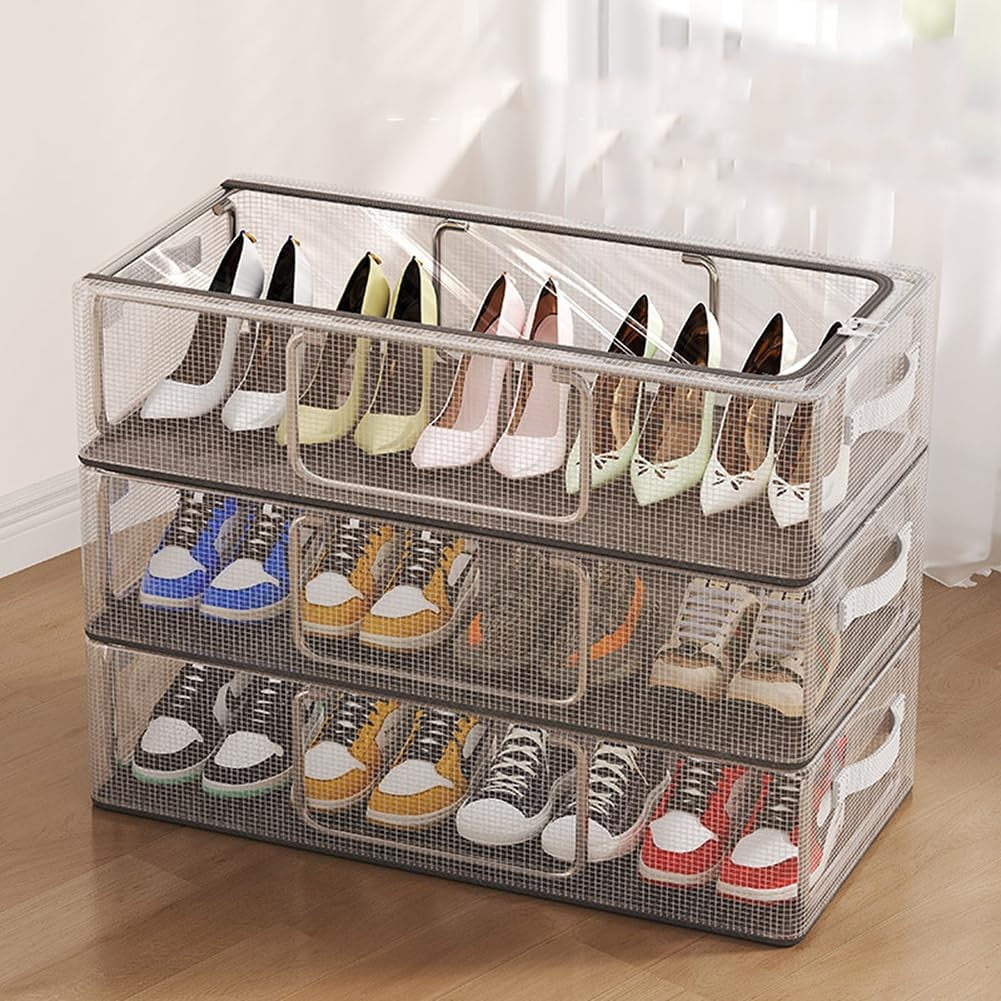 Cutie de Depozitare pentru Pantofi, Organizzator Pliabil cu Cadru din Otel, Plasa PVC Impermeabila si Transparenta, Fermoar Bidirectional, 40x30x21 cm