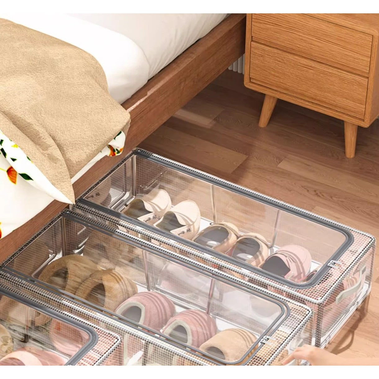 Cutie de Depozitare Pantofi, Organizator Sub Pat Pliabil cu Cadru de Otel, Plasa PVC Impermeabila, Fermoar Bidirectional, Transparenta, 60x30x21 cm
