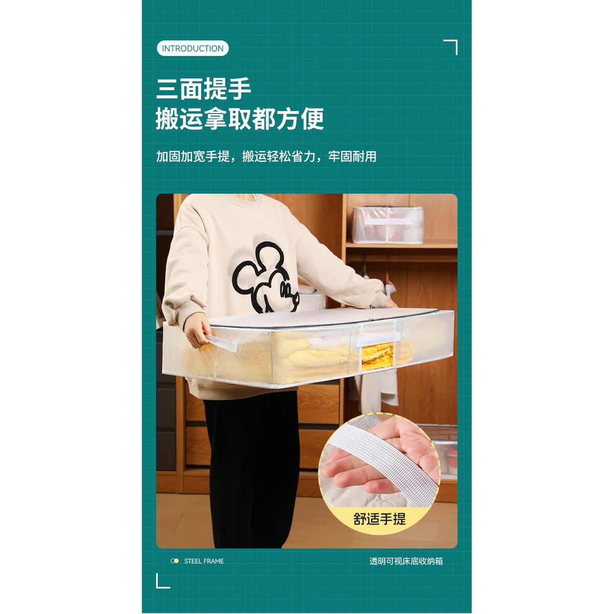 Cutie de Depozitare Pantofi, Organizator Sub Pat Pliabil cu Cadru de Otel, Plasa PVC Impermeabila, Fermoar Bidirectional, Transparenta, 60x30x21 cm