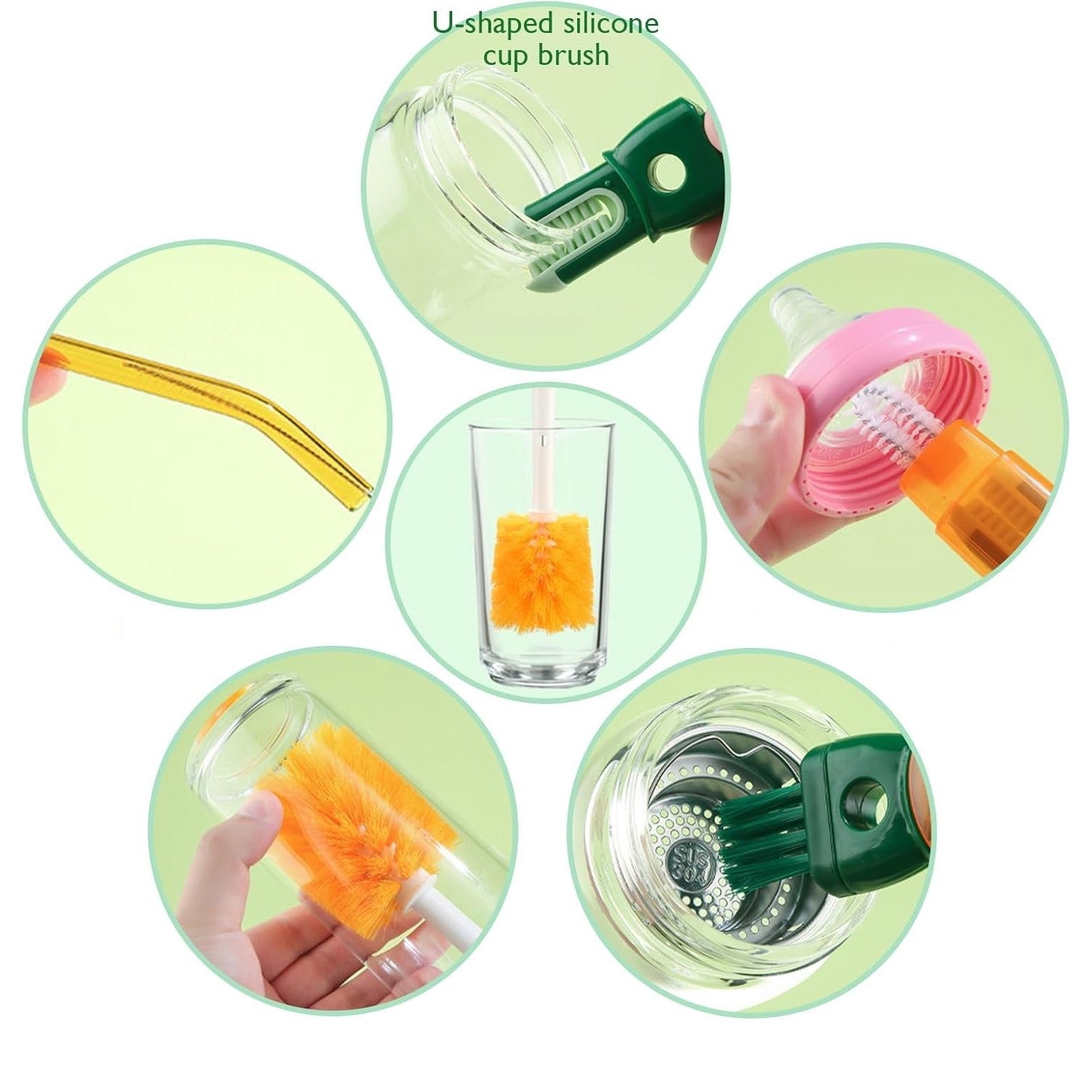 Perie 5 in 1 pentru Curatat Pahare, Cani si Sticle, Maner Lung, Accesorii Spalare Paie si Capace, Plastic si Silicon, 36x7x7 cm, Portocaliu-Alb