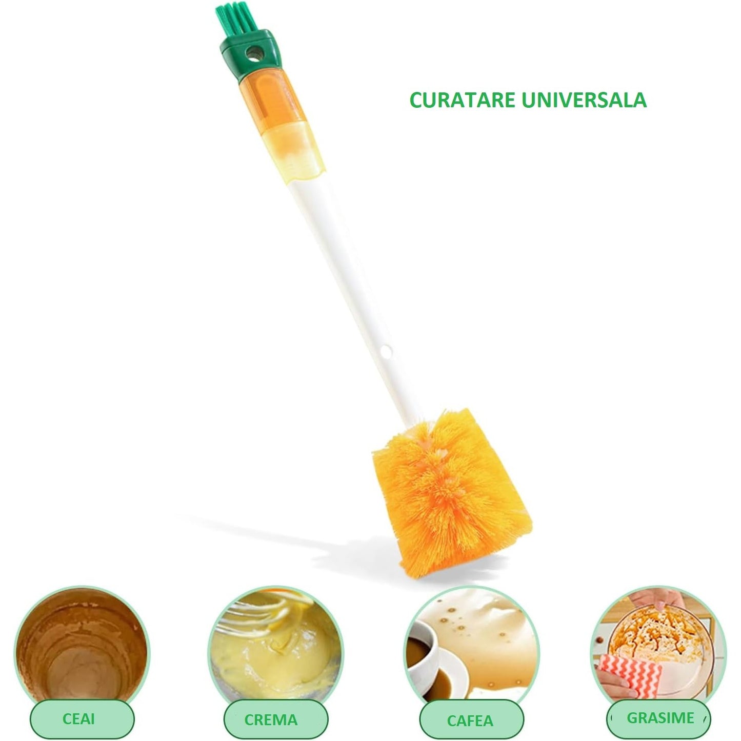 Perie 5 in 1 pentru Curatat Pahare, Cani si Sticle, Maner Lung, Accesorii Spalare Paie si Capace, Plastic si Silicon, 36x7x7 cm, Portocaliu-Alb