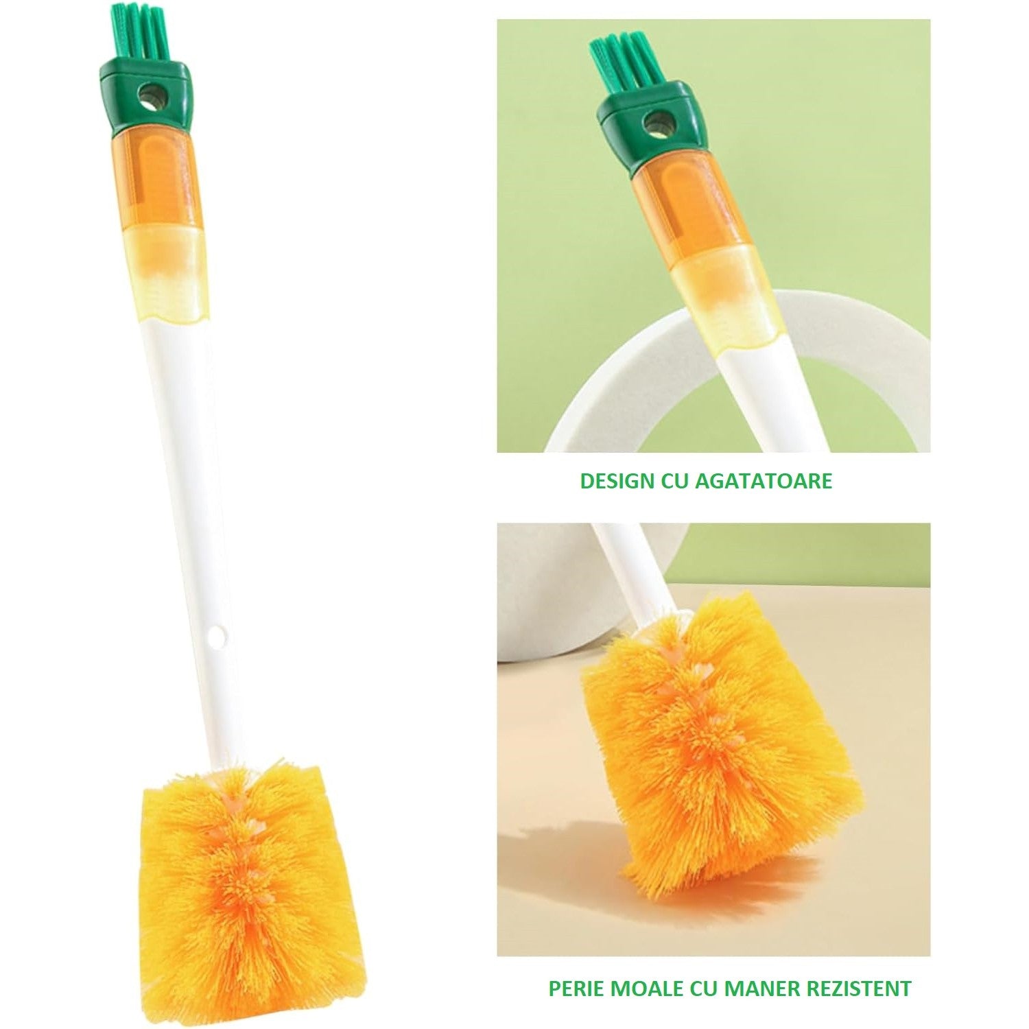 Perie 5 in 1 pentru Curatat Pahare, Cani si Sticle, Maner Lung, Accesorii Spalare Paie si Capace, Plastic si Silicon, 36x7x7 cm, Portocaliu-Alb