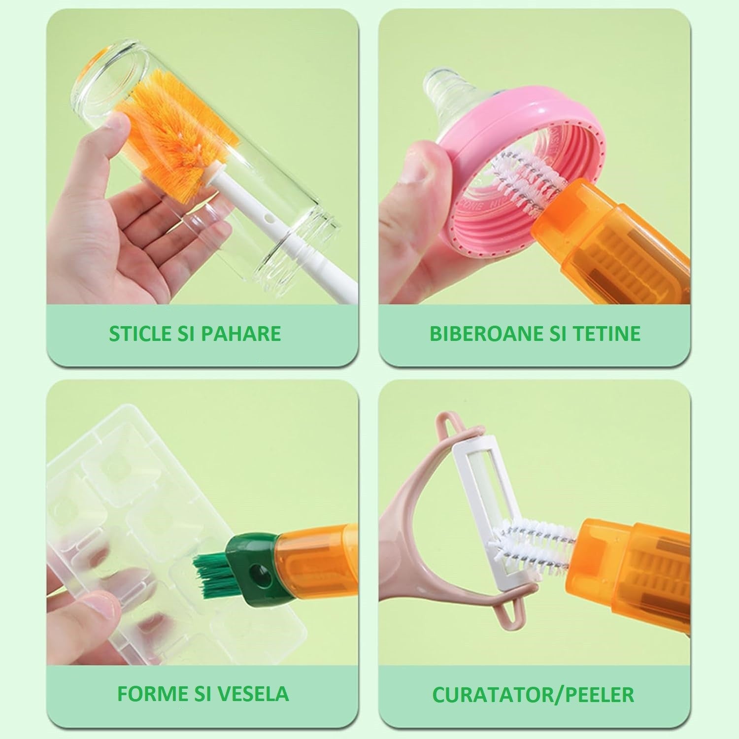 Perie 5 in 1 pentru Curatat Pahare, Cani si Sticle, Maner Lung, Accesorii Spalare Paie si Capace, Plastic si Silicon, 36x7x7 cm, Portocaliu-Alb