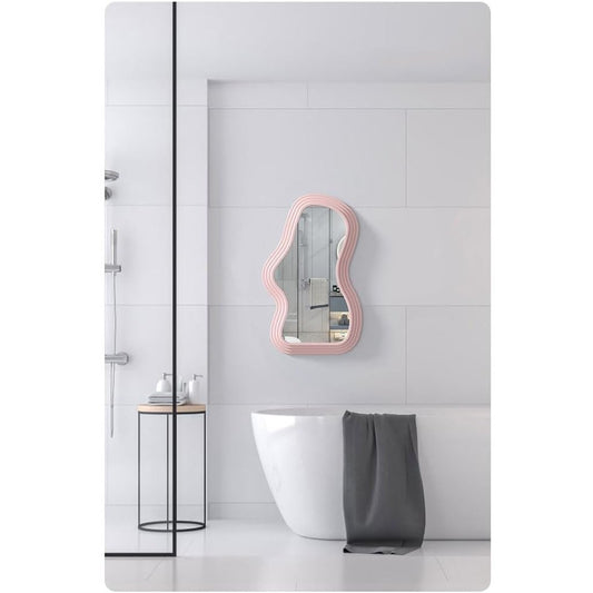 Oglinda de Perete Decorativa, Forma Asimetrica Minimalista pentru Baie si Sufragerie, Stil Modern, 40.3x26 cm, Roz