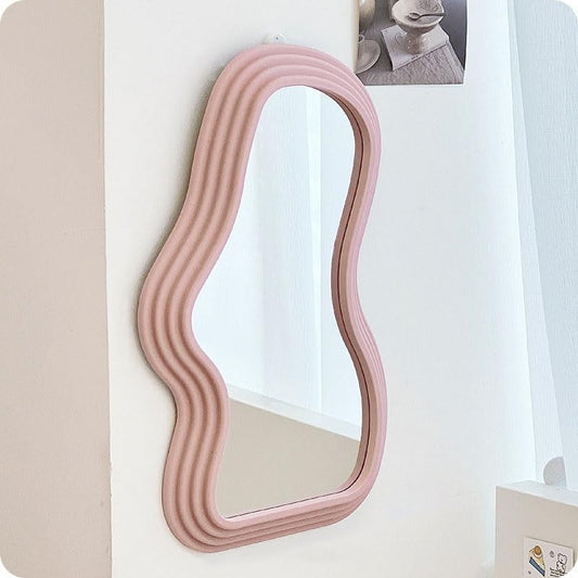 Oglinda de Perete Decorativa, Forma Asimetrica Minimalista pentru Baie si Sufragerie, Stil Modern, 40.3x26 cm, Roz