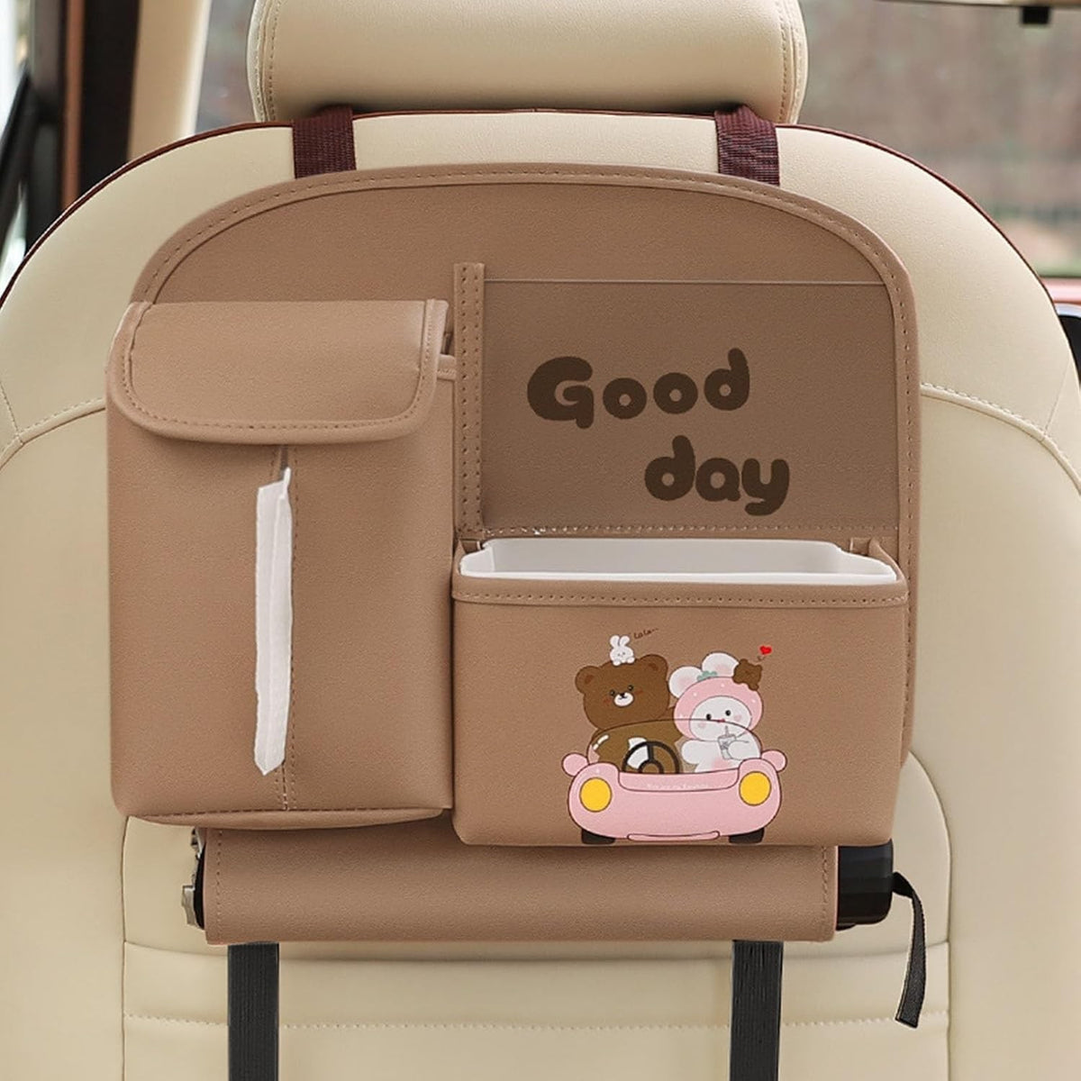 Organizator Scaun Auto, Geanta Multifunctionala Depozitare Bancheta, Model Ursulet cu Suport Servetele si Telefon, Imitatie Piele, 25x31 cm, Maro