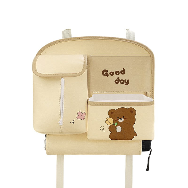 Organizator Auto Multifunctional pentru Bancheta Spate, Model Ursuleț cu Suport Telefon și Șervețele, Piele Ecologică, 25x31 cm, Bej