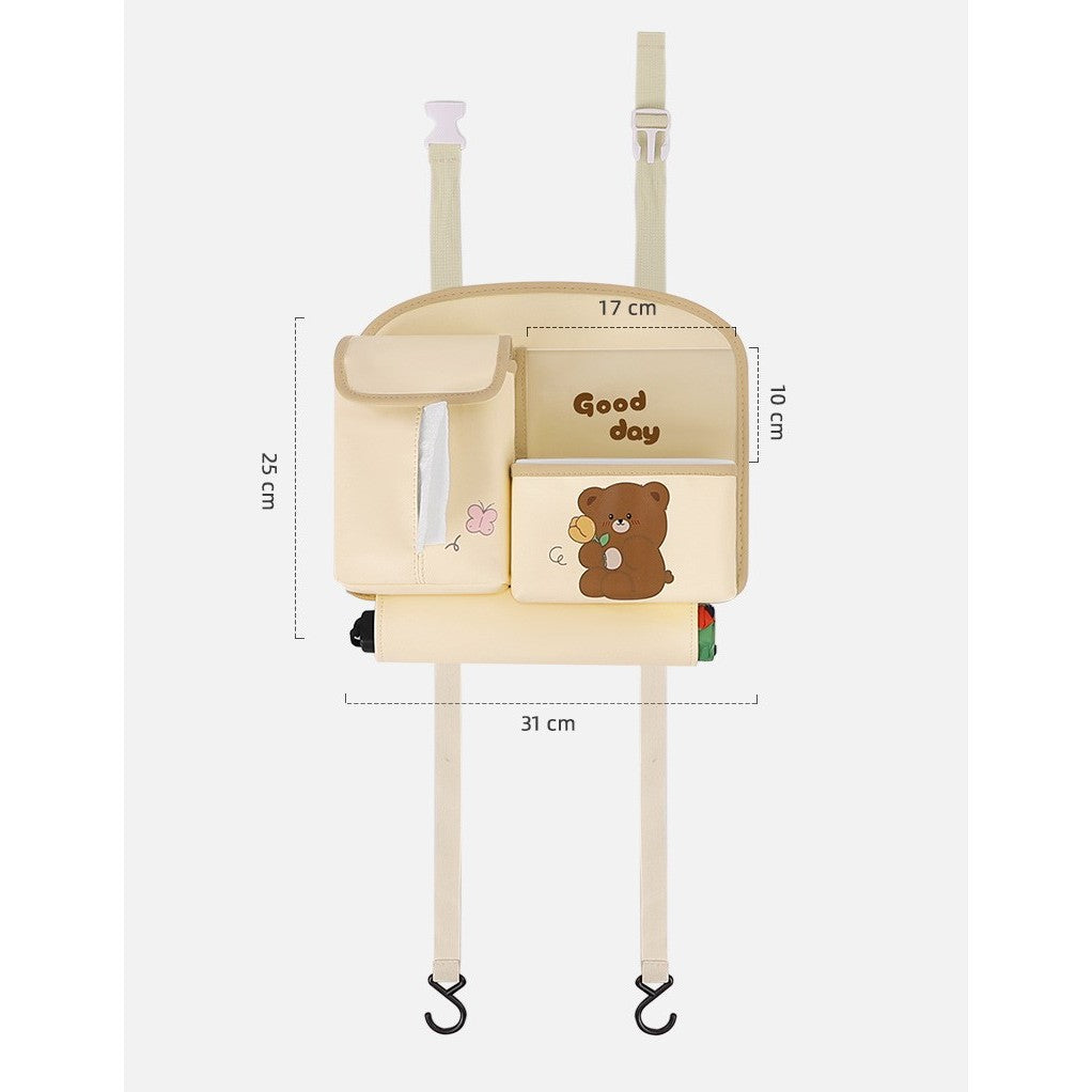 Organizator Auto Multifunctional pentru Bancheta Spate, Model Ursuleț cu Suport Telefon și Șervețele, Piele Ecologică, 25x31 cm, Bej