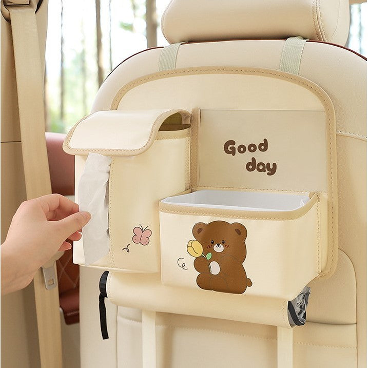 Organizator Auto Multifunctional pentru Bancheta Spate, Model Ursuleț cu Suport Telefon și Șervețele, Piele Ecologică, 25x31 cm, Bej