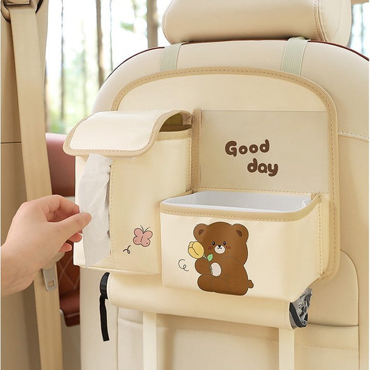 Organizator Auto Multifunctional pentru Bancheta Spate, Model Ursuleț cu Suport Telefon și Șervețele, Piele Ecologică, 25x31 cm, Bej