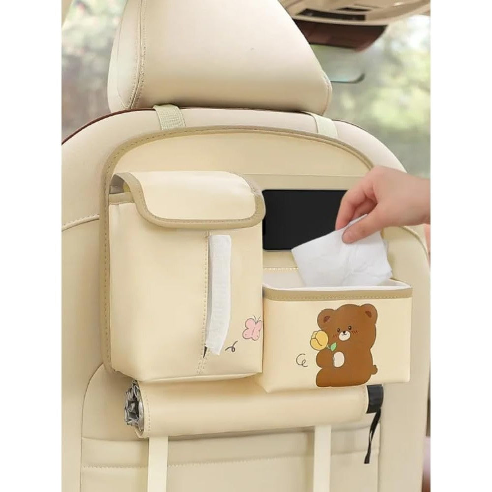 Organizator Auto Multifunctional pentru Bancheta Spate, Model Ursuleț cu Suport Telefon și Șervețele, Piele Ecologică, 25x31 cm, Bej