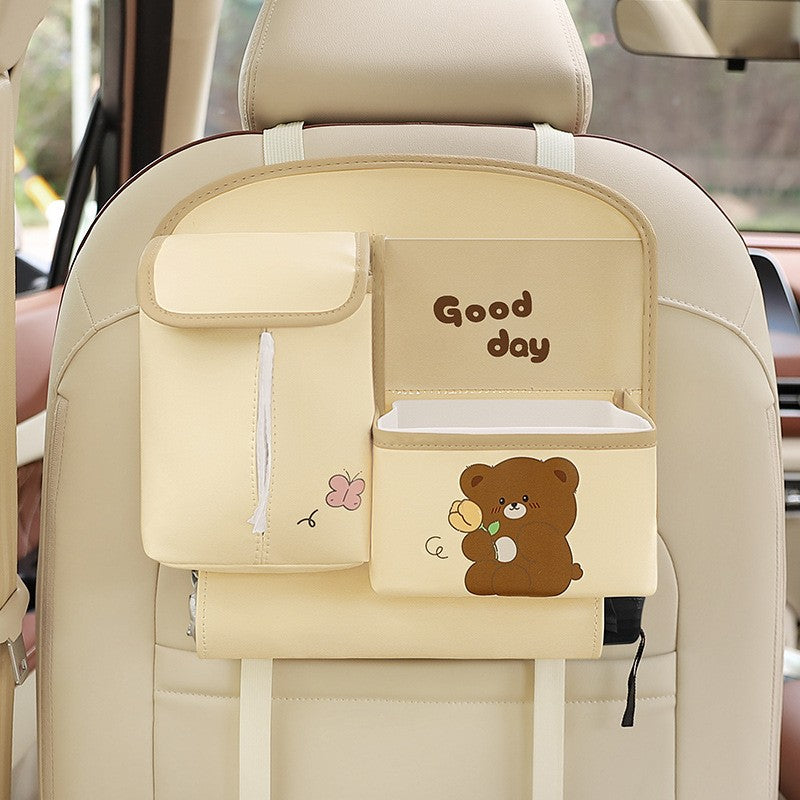 Organizator Auto Multifunctional pentru Bancheta Spate, Model Ursuleț cu Suport Telefon și Șervețele, Piele Ecologică, 25x31 cm, Bej