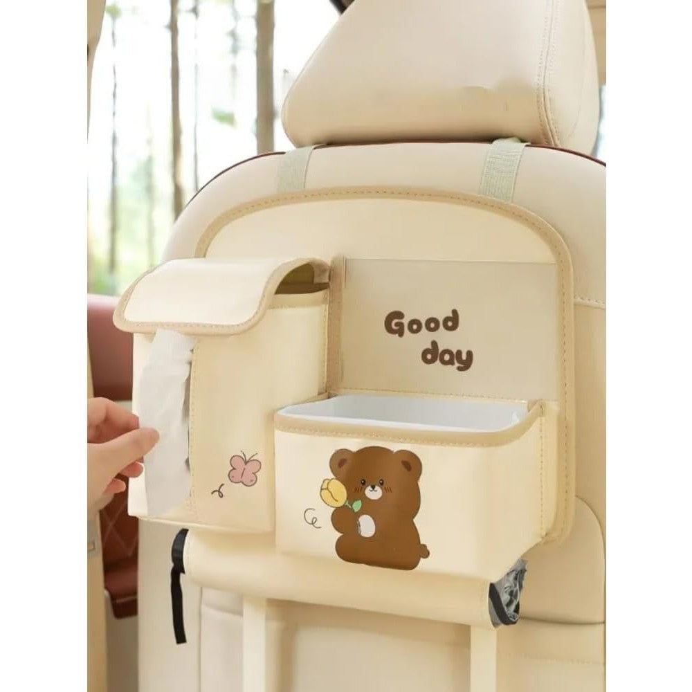 Organizator Auto Multifunctional pentru Bancheta Spate, Model Ursuleț cu Suport Telefon și Șervețele, Piele Ecologică, 25x31 cm, Bej