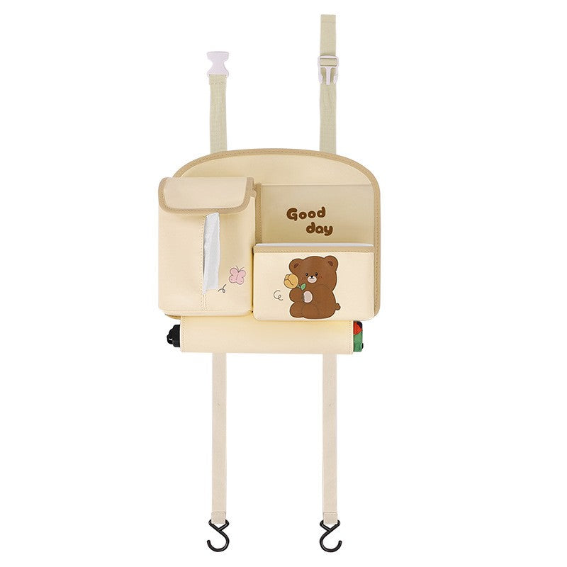 Organizator Auto Multifunctional pentru Bancheta Spate, Model Ursuleț cu Suport Telefon și Șervețele, Piele Ecologică, 25x31 cm, Bej