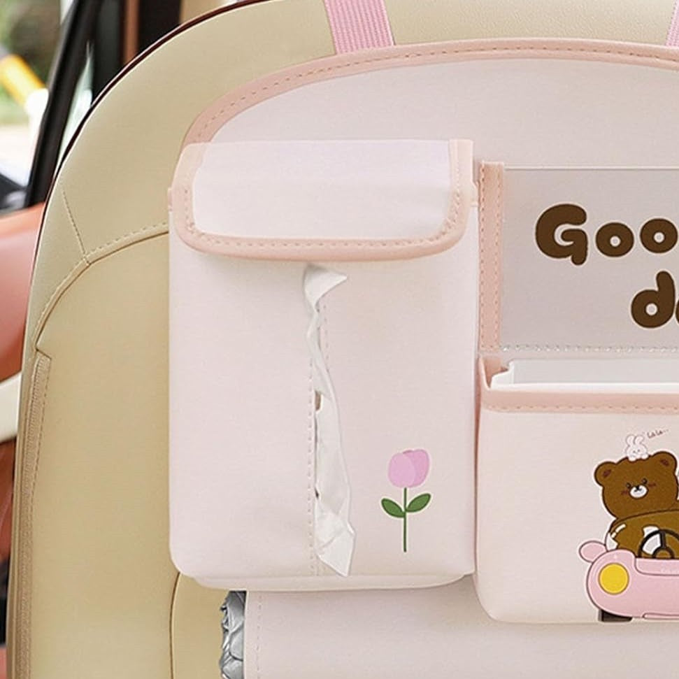 Geantă Multifuncțională de Depozitare pentru Bancheta Mașinii, Organizator Auto cu Suport Servetele și Telefon, Model Ursuleț, Imitație Piele, 25x31 cm, Roz