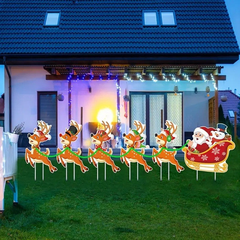 Decoratiune De Craciun Pentru Gradina, Trenulet Cu Mos Craciun Si Reni, Set 6 Figurine Impermeabile Cu Tarusi De Fixare, Plastic Rezistent, Multicolor