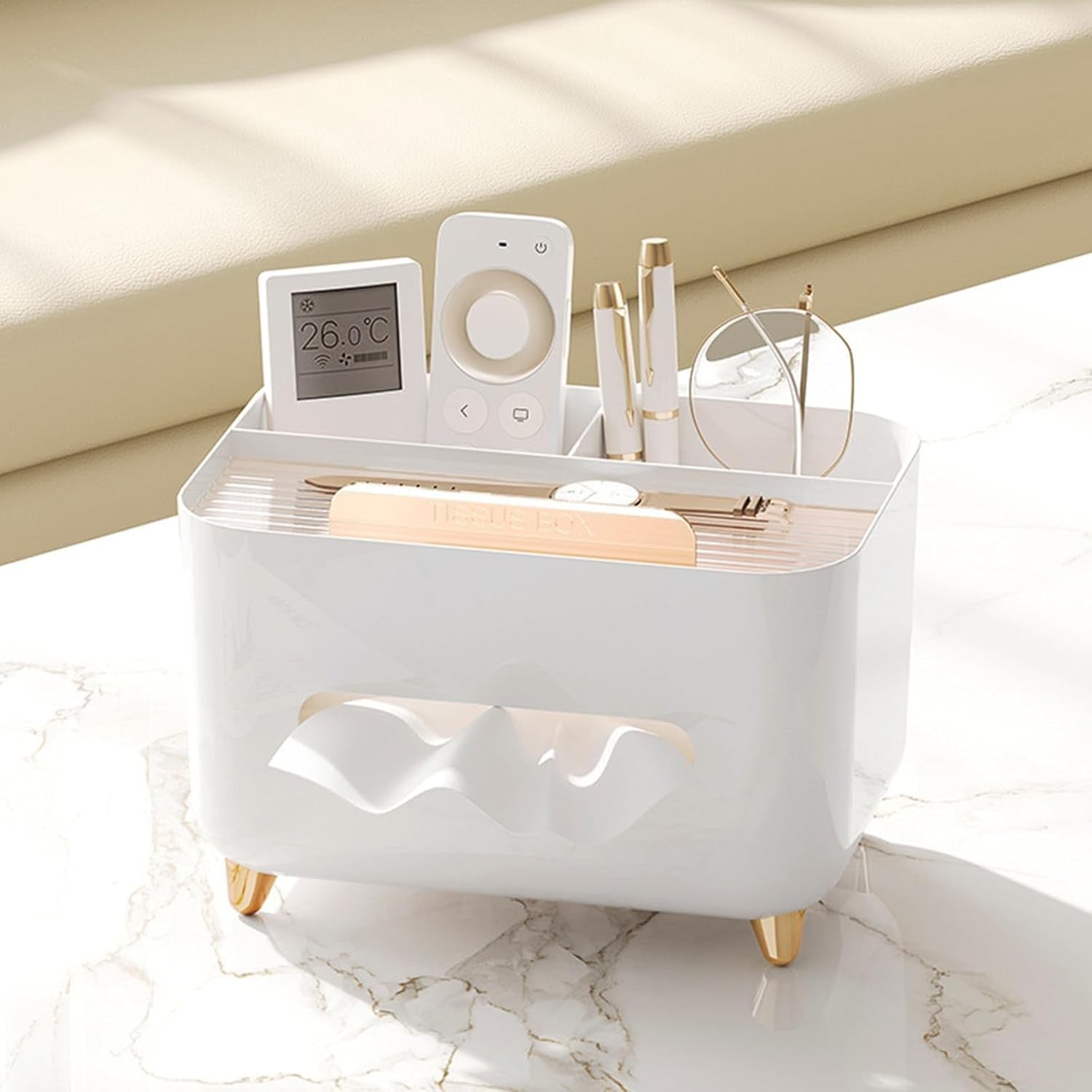 Suport pentru Servetele, Cutie Multifunctionala cu Organizator pentru Birou si Masa, Design Minimalist, Material ABS, 21x15x13 cm, Alb