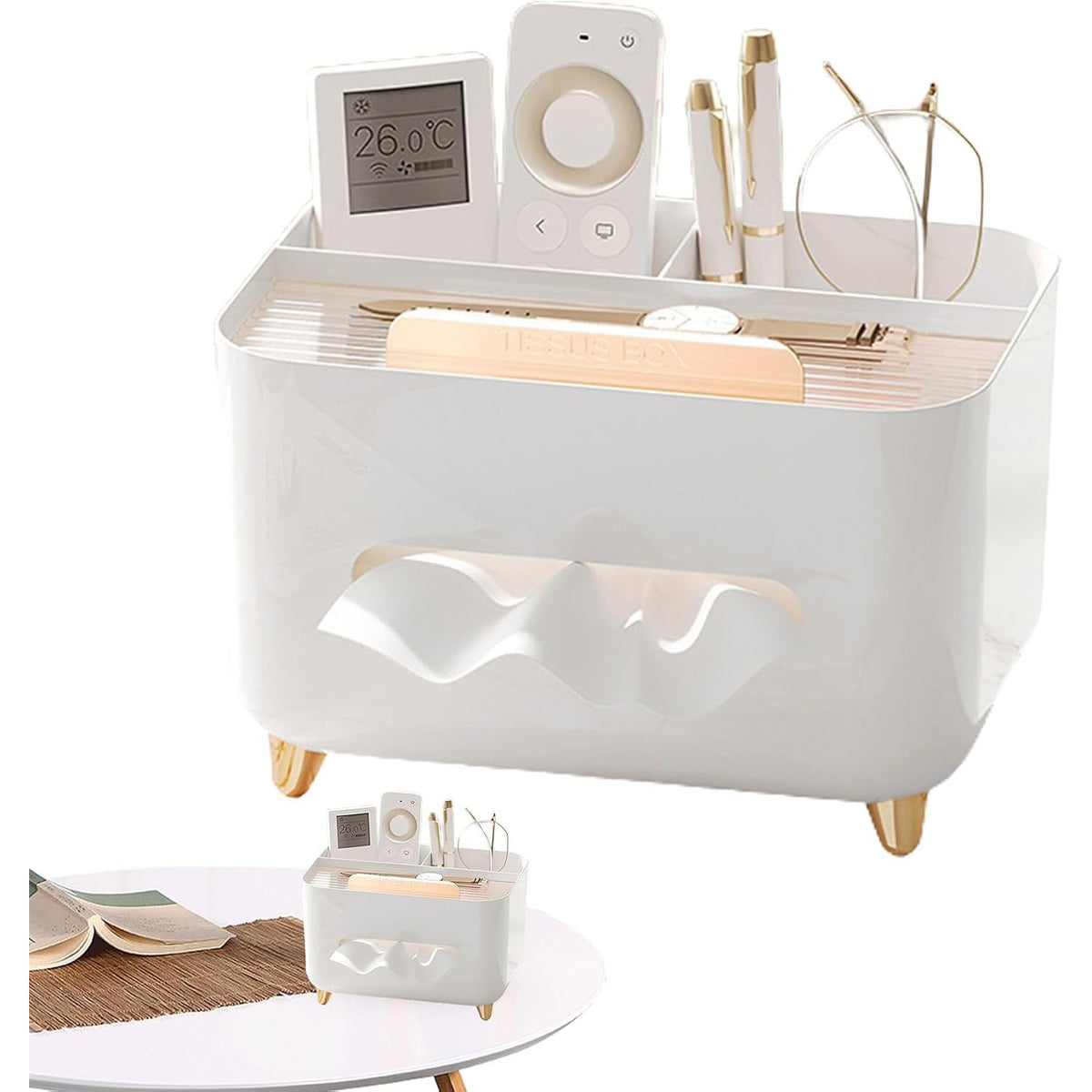 Suport pentru Servetele, Cutie Multifunctionala cu Organizator pentru Birou si Masa, Design Minimalist, Material ABS, 21x15x13 cm, Alb