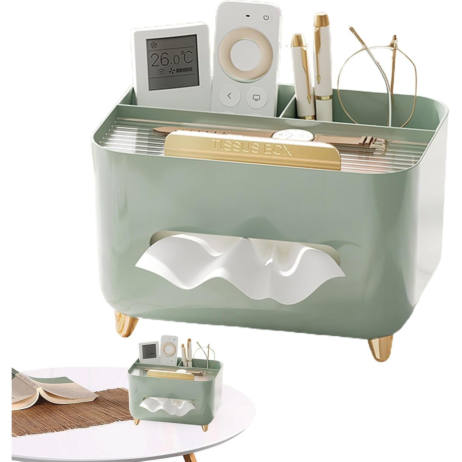 Cutie Servetele cu Organizator Obiecte Personale, Suport Multifunctional pentru Birou, Design Minimalist Modern, Material ABS, 21x15x13 cm, Verde