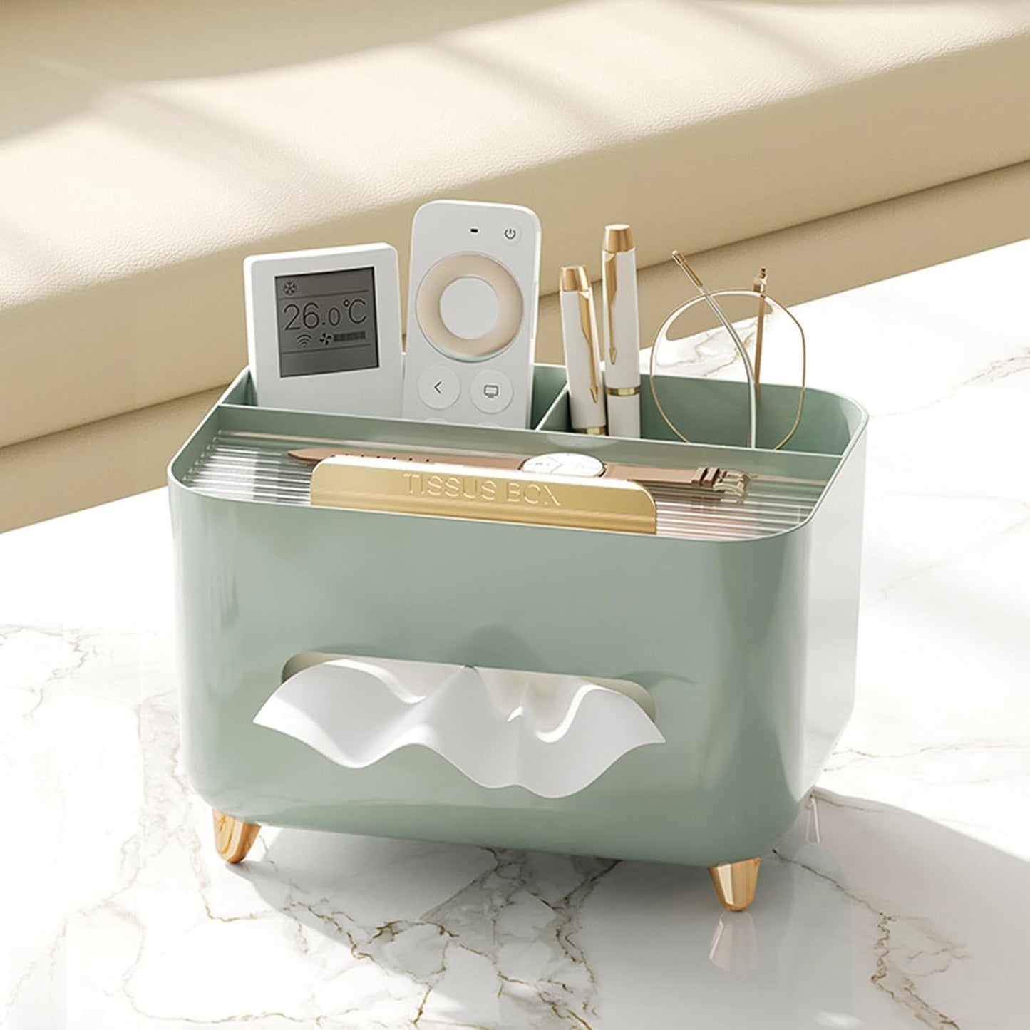 Cutie Servetele cu Organizator Obiecte Personale, Suport Multifunctional pentru Birou, Design Minimalist Modern, Material ABS, 21x15x13 cm, Verde