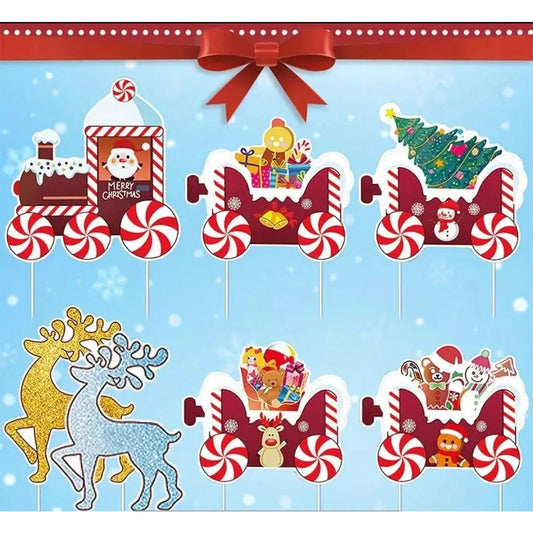 Decoratiune Craciun pentru Gradina Tip Trenulet, Set 7 Figurine Festive cu Renii Joy si Noel, Plastic Impermeabil, Include Bete Fixare Pamant, Multicolor