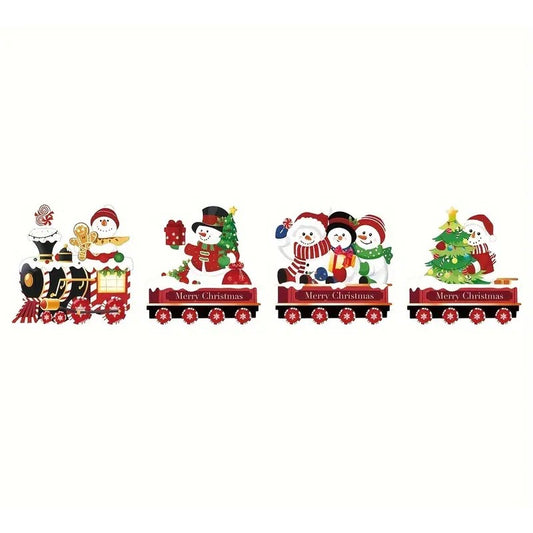 Decoratiune de Craciun pentru Gradina Tip Trenulet, Model Oameni de Zapada, Exterior Impermeabil, Set 4 Figurine cu Tarusi de Fixare, Plastic Rezistent, Multicolor