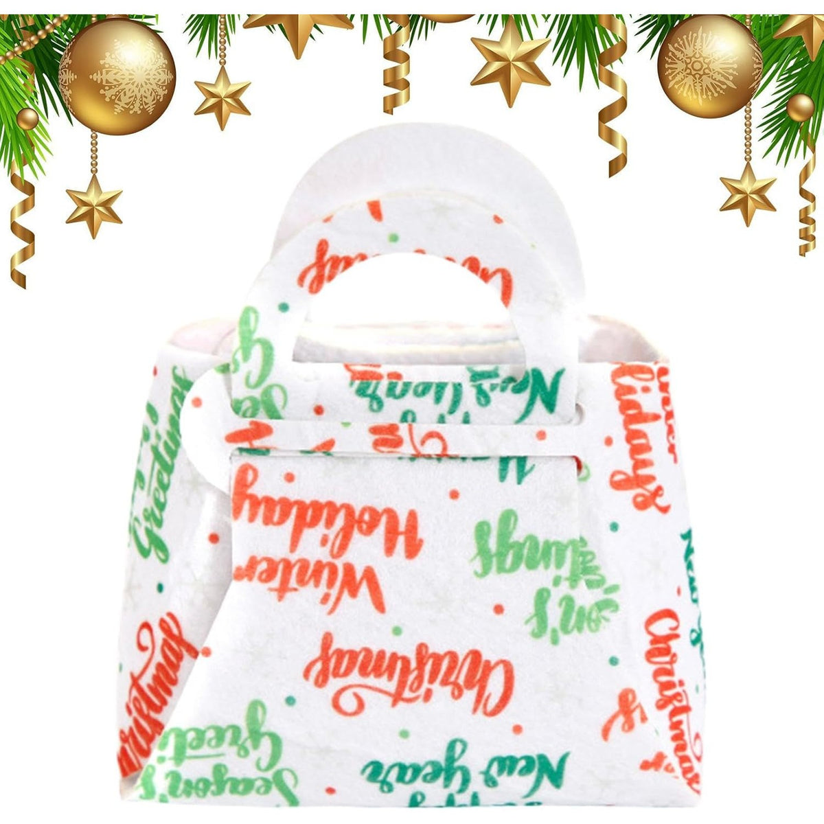Geanta Cadouri Craciun pentru Copii, Model Pliabil cu Mesaje Festive, Material Panza Netesuta, 13 x 12 x 6 cm, Alb
