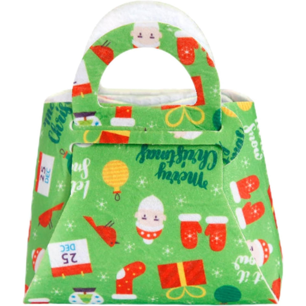 Geanta pentru Copii pentru Cadouri de Craciun, Sacosa Pliabila cu Design Festiv, Panza Netesuta, 13 x 12 x 6 cm, Verde