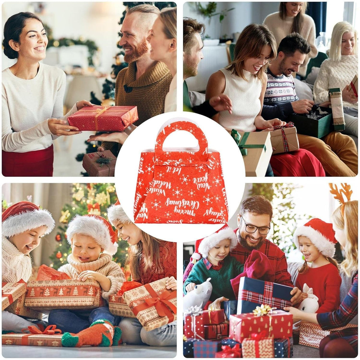 Geanta pentru Cadouri de Craciun, Sacosa Pliabila pentru Copii, Panza Netesuta tip Pasla, Model Merry Christmas, 13 x 12 x 6 cm, Rosu