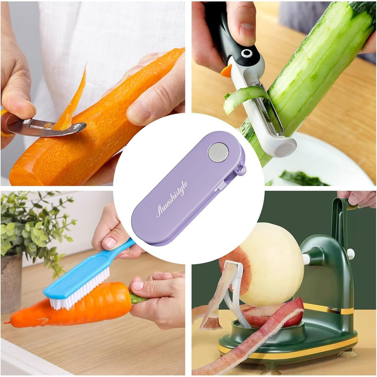 Peeler pentru Legume si Fructe, Curatator Pliabil cu Lame Duble Rotative, Design Multifunctional, ABS si Otel Inoxidabil, 3.6 x 9.1 cm, Mov