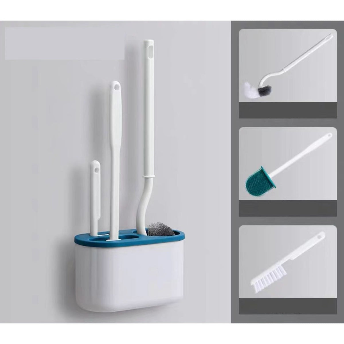 Set 3 Perii pentru Toaleta, Silicon cu Cap Zimtat Flexibil, Curatare 360 Grade, Suport Autoadeziv pentru Perete, PP si TPR, 39 x 19 x 9.8 cm, Albastru/Alb