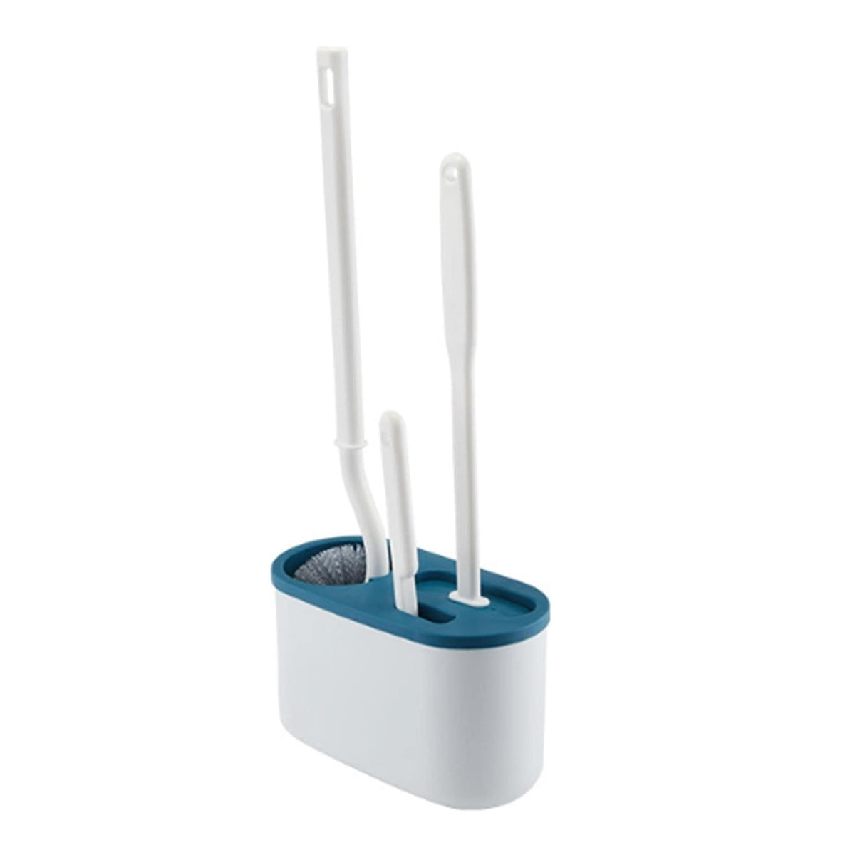 Set 3 Perii pentru Toaleta, Silicon cu Cap Zimtat Flexibil, Curatare 360 Grade, Suport Autoadeziv pentru Perete, PP si TPR, 39 x 19 x 9.8 cm, Albastru/Alb