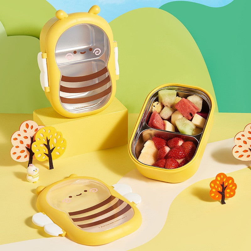 Cutie pentru Pranz Model Albina, Caserola Alimentara cu 2 Compartimente, Invelis Interior din Otel Inoxidabil si PP, Inchidere Etansa cu Manere, 500 ml, Galben