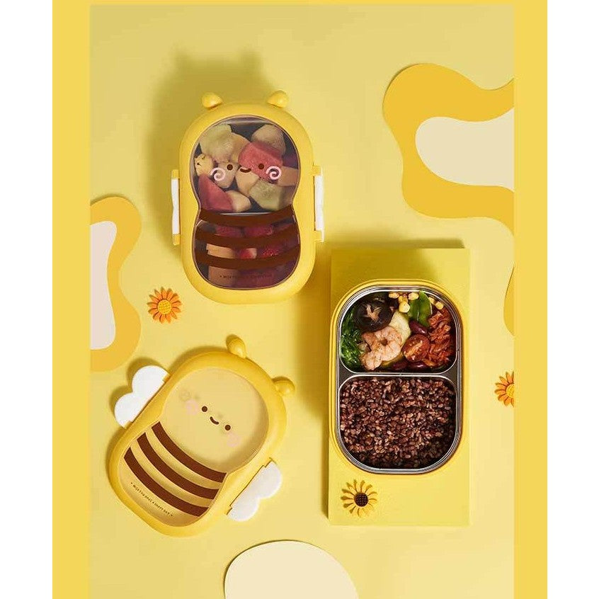 Cutie pentru Pranz Model Albina, Caserola Alimentara cu 2 Compartimente, Invelis Interior din Otel Inoxidabil si PP, Inchidere Etansa cu Manere, 500 ml, Galben