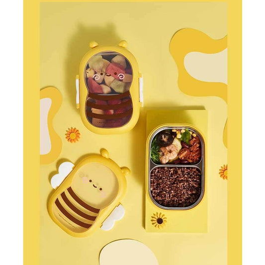Cutie pentru Pranz Model Albina, Caserola Alimentara cu 2 Compartimente, Invelis Interior din Otel Inoxidabil si PP, Inchidere Etansa cu Manere, 500 ml, Galben