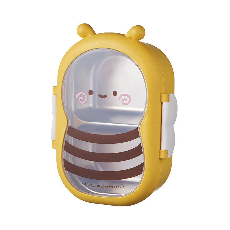 Cutie pentru Pranz Model Albina, Caserola Alimentara cu 2 Compartimente, Invelis Interior din Otel Inoxidabil si PP, Inchidere Etansa cu Manere, 500 ml, Galben
